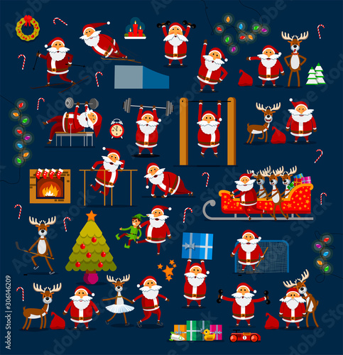 Large set of Santa Clauses in different poses for decoration for Christmas and New Year. Collection Christmas deer in different poses. For postcard, site, banners, presentations and promotions
