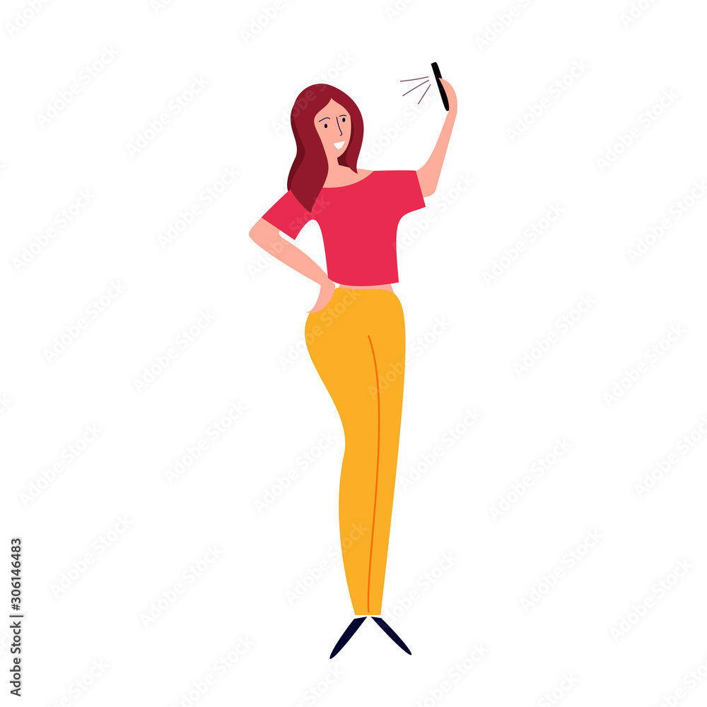 Young girl makes selfie on a smartphone. Social networks, content filling, virtual communication. Face identification. Vector flat illustration. Young girl makes selfie on a smartphone. Social networks, content filling, virtual communication. Face identification. Vector flat illustration.