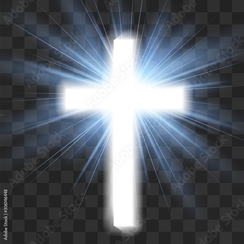Glowing christian cross isolated on transparent background. Saint pure blue halo, god's light scintillation. Spiritual awakening, revelation. Purifying rays of sun, faith energy that nourishes souls.