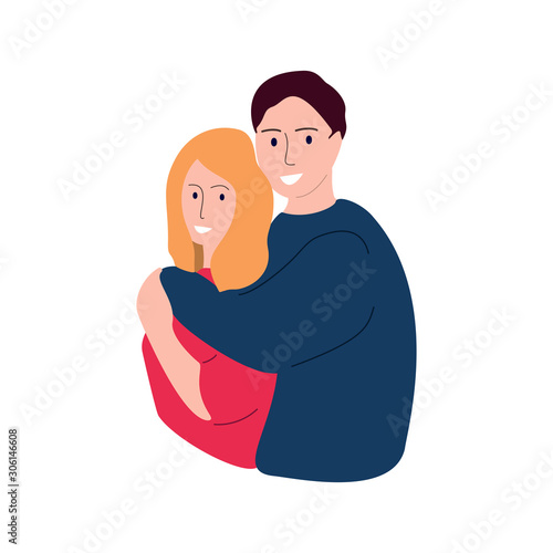 Young couple in love. A man and a woman are hugging. Love and care. Happy relationship. Family photo shoot. Concept for a romantic date. Vector flat illustration.