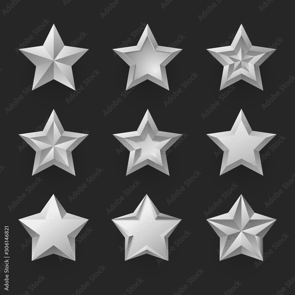 Silver stars isolated realistic vector illustrations set Silver stars isolated realistic vector illustrations set