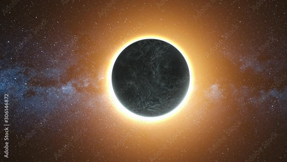 Full solar eclipse. The Moon approach and cover the visible Sun with gold diamond ring effect. Abstract scientific background. High detail FHD. 3D Render. Zoom. Element of this image furnished by NASA