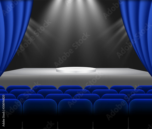 Performance auditorium for lecturers, speakers, charismatic leaders, meetings, books and gadgets presentation, singers. Glowing illuminating projector rays of light, blue chairs. Vector background.