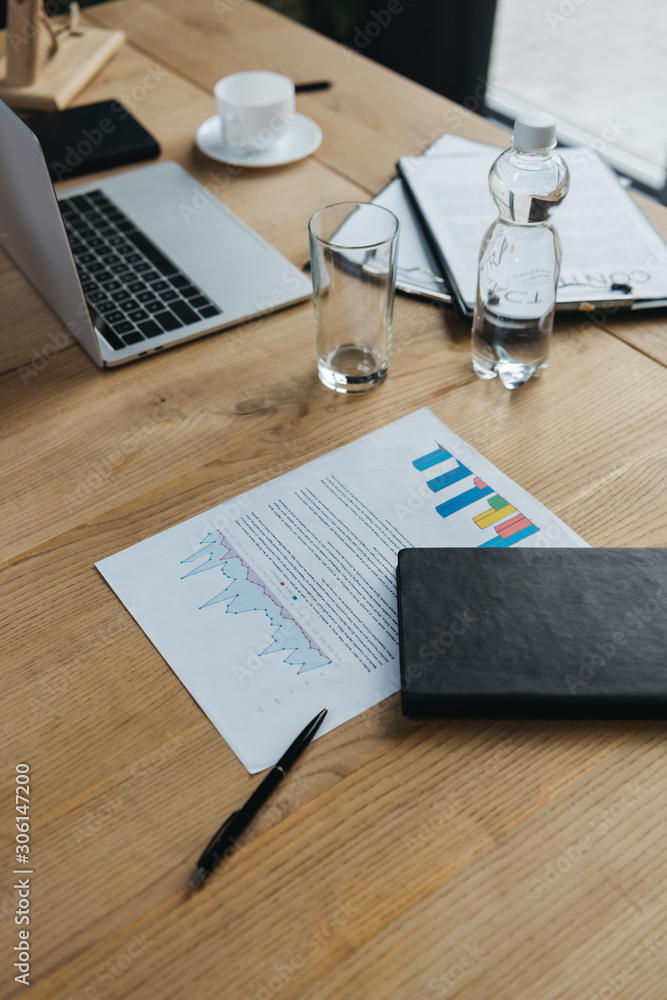 wooden table with notebook, paper with infographics, bottle of water, glass and coffee cup wooden table with notebook, paper with infographics, bottle of water, glass and coffee cup