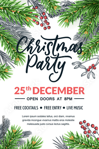 Christmas party calligraphy lettering, banner or poster design. Holiday frame with place for text. Vector illustration