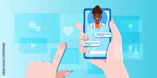 smartphone screen with female therapist on chat in messenger and an online consultation. Vector flat illustration. Ask doctor. Online medical advise or consultation service, tele medicine, cardiology