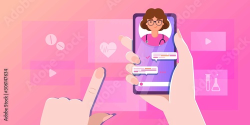 smartphone screen with female therapist on chat in messenger and an online consultation. Vector flat illustration. Ask doctor. Online medical advise or consultation service, tele medicine, cardiology