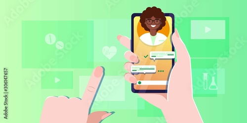 smartphone screen with female therapist on chat in messenger and an online consultation. Vector flat illustration. Ask doctor. Online medical advise or consultation service, tele medicine, cardiology