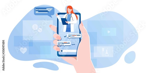 smartphone screen with female therapist on chat in messenger and an online consultation. Vector flat illustration. Ask doctor. Online medical advise or consultation service, tele medicine, cardiology