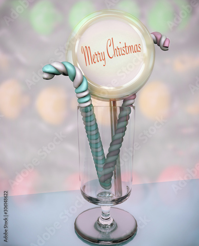 3d illustration round candy sweets with merry christmas inscription and stick marshmellow close up with copy space on pink wall photo