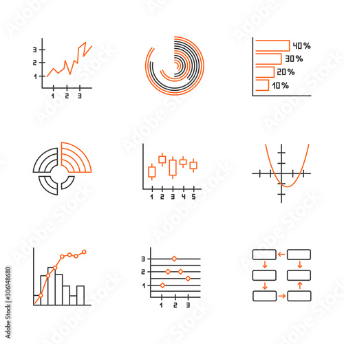 Chart and graph linear icons set. Histogram. Function curve. Diagram. Pareto curve. Figure chart. Data connection. Thin line contour symbols. Isolated vector outline illustrations. Editable stroke