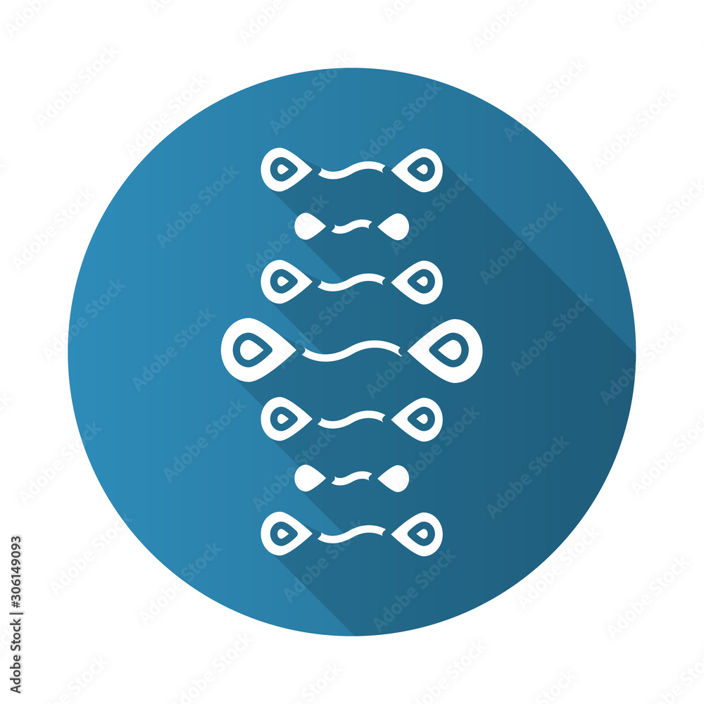 DNA strands blue flat design long shadow glyph icon. Deoxyribonucleic, nucleic acid helix. Chromosome. Molecular biology. Genetic code. Genome. Genetics. Medicine. Vector silhouette illustration