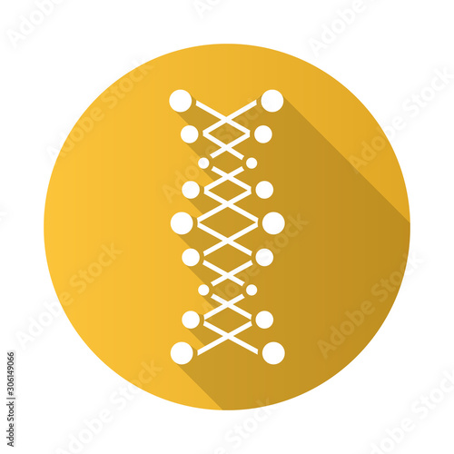 DNA double helix yellow flat design long shadow glyph icon. Connected dots, lines. Deoxyribonucleic, nucleic acid. Chromosome. Molecular biology. Genetic code. Genetics. Vector silhouette illustration