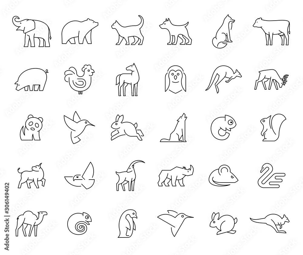 Linear collection of Animal icons. Animal icons set. Isolated on White ...