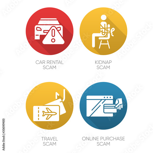Scam types flat design long shadow glyph icons set. Car rental, online purchase fraudulent scheme. Kidnap, travel trick. Cybercrime. Financial scamming. Vector silhouette illustration