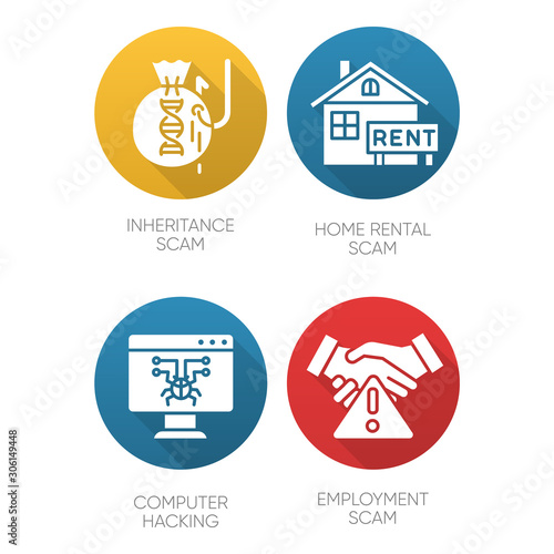 Scam types flat design long shadow glyph icons set. Inheritance, home rental fraudulent scheme. Computer hacking. Employment scamming. Cybercrime. Financial scamming. Vector silhouette illustration