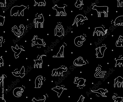 Seamless pattern with Animals icons. Animal icons set. Isolated on Black background