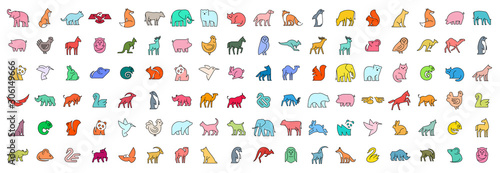 Linear collection of colored Animal icons. Animal icons set. Isolated on White background