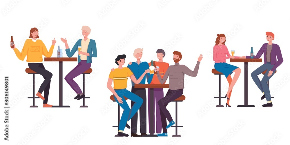 People having fun, sitting and drinking. Happy friends, business people at bar party vector concept. Colleague business party after work, date with girl, students having fun in a bar, pub, cafe