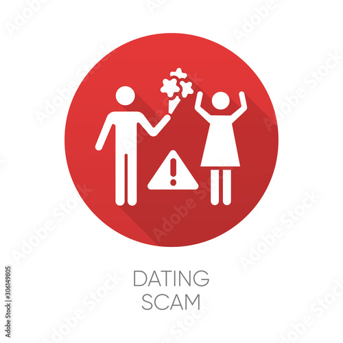 Dating scam red flat design long shadow glyph icon. Online romance fraud. Fake dating service. False romantic intentions, love promises. Money request. Confidence trick. Vector silhouette illustration