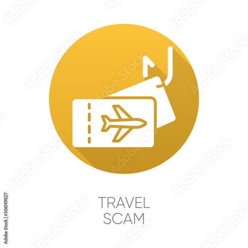 Travel scam yellow flat design long shadow glyph icon. Fake vacation ad. Unrealistic conditions. Free tickets trick. Financial fraud. Cybercrime. Fraudulent scheme. Vector silhouette illustration
