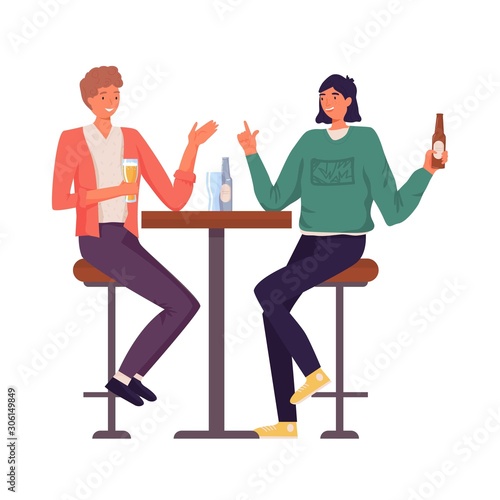 People hanging out, sitting and drinking. Happy friends, business people at bar party vector concept. Colleague business party after work, students, hipster having fun and talking in pub, cafe