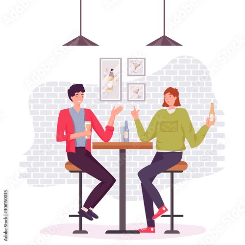 People hanging out, sitting and drinking. Happy friends, business people at bar party vector concept. Colleague business party after work, students, hipster having fun and talking in pub, cafe