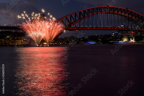 Canvas Print Red stars fireworks in Sydney Harbour with boats and parks lights behind