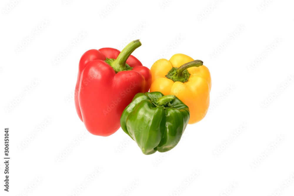 red yellow and green bell pepper on white background red yellow and green bell pepper on white background