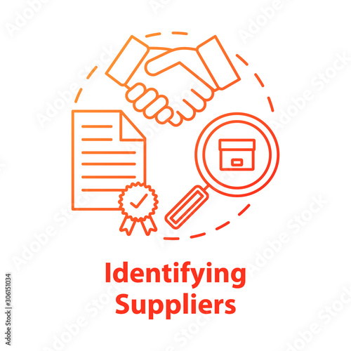 Identifying supplies concept icon. Trade agreement. Make deal. Partnership. Contract for delivery raw materials and goods idea thin line illustration. Vector isolated outline drawing