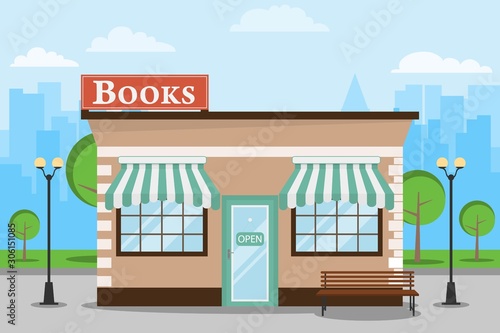Fototapeta Naklejka Na Ścianę i Meble -  Bookstore, bookstore building against the backdrop of the cityscape. Bookstore with a bench and trees. Vector illustration