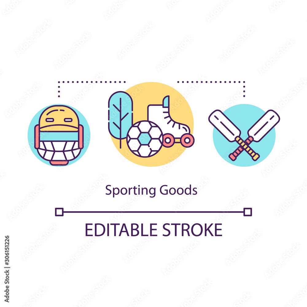 Sporting goods concept icon. Local production idea thin line illustration. Equipment for kids, active hobbies. Outdoor games, activities.Vector isolated outline drawing. Editable stroke Sporting goods concept icon. Local production idea thin line illustration. Equipment for kids, active hobbies. Outdoor games, activities.Vector isolated outline drawing. Editable stroke