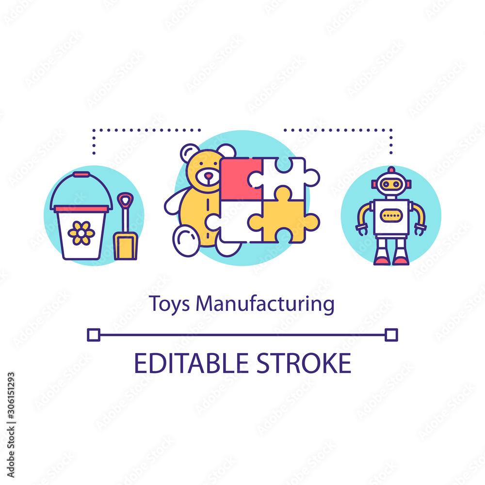Toys manufacturing concept icon. Local production idea thin line illustration. Small bussiness. Products for kids. Children entertainment. Vector isolated outline drawing. Editable stroke