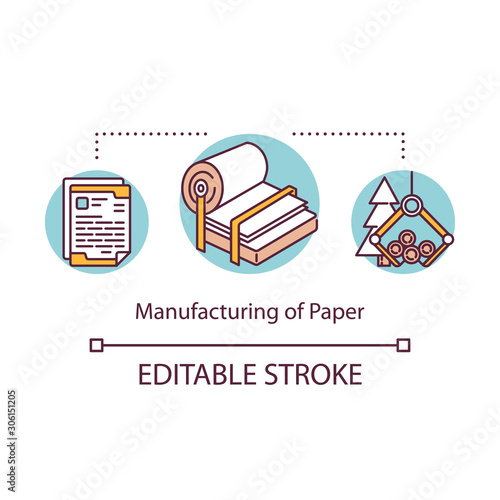 Manufacturing of paper concept icon. Local production idea thin line illustration. Cutting down trees for producing paper. Small bussiness process. Vector isolated outline drawing. Editable stroke