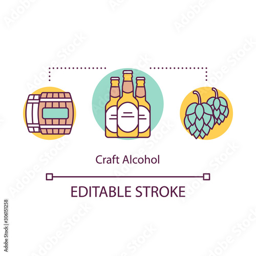Craft alcohol concept icon. Beer local production idea thin line illustration. Small bussiness. Regional brewery products. Craft distillery. Vector isolated outline drawing. Editable stroke