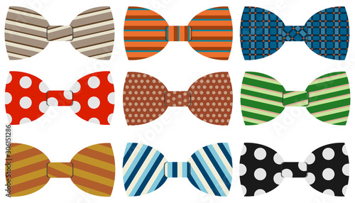 Bow Tie, a collection of realistic, colorful bow ties. Cartoon illustration of a bow