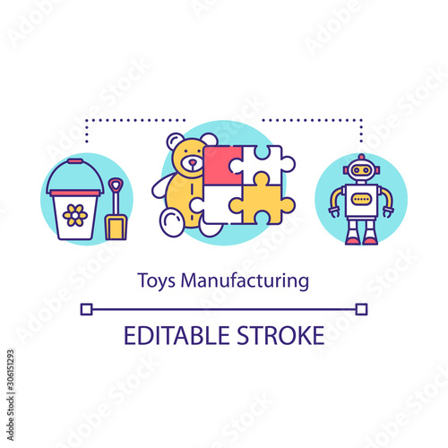 Toys manufacturing concept icon. Local production idea thin line illustration. Small bussiness. Products for kids. Children entertainment. Vector isolated outline drawing. Editable stroke