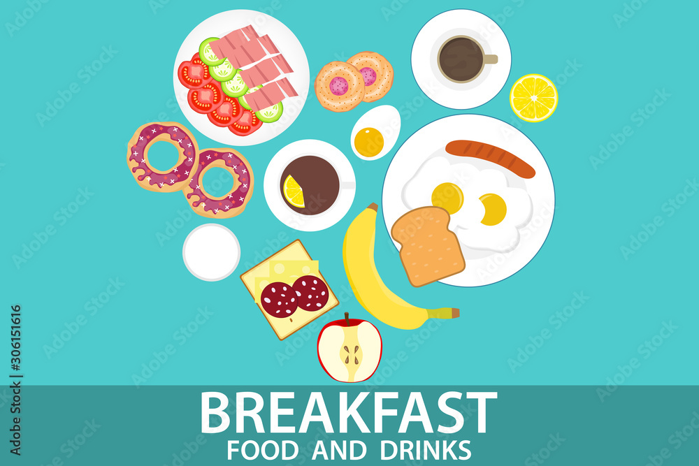 Vector breakfast concept with food and drinks with flat icons. Breakfast design set. reakfast composition sandwich and omelette, food bakery