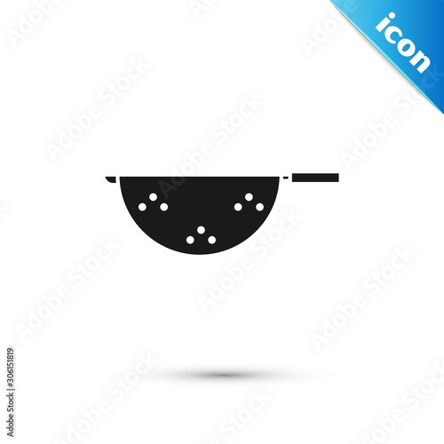 Black Kitchen colander icon isolated on white background. Cooking utensil. Cutlery sign. Vector Illustration