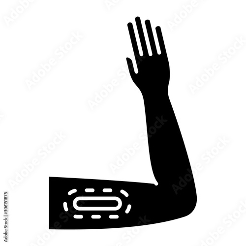 Contraceptive glyph icon. Female preservative. Pregnancy prevention, birth control with medical procedure. Underskin input on arm. Silhouette symbol. Negative space. Vector isolated illustration