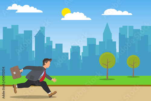 A businessman runs to work, a businessman hurries to work with a briefcase against the background of the cityscape.