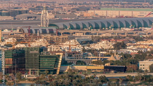 View of modern buildings in luxury Dubai city at sunset aerial timelapse © neiezhmakov