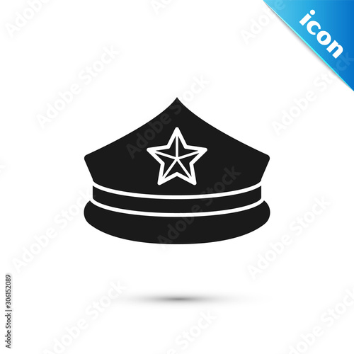 Black Police cap with cockade icon isolated on white background. Police hat sign. Vector Illustration