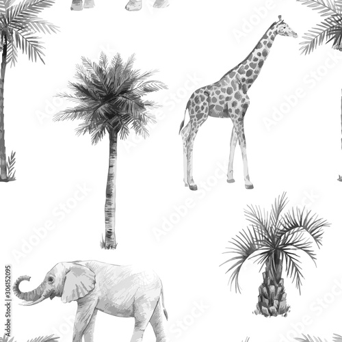 Watercolor vector seamless patterns with safari animals and palm trees. Elephant giraffe.