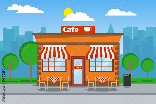 Fototapeta Naklejka Na Ścianę i Meble -  Cafeteria, cafeteria building with free tables. Cafeteria on the background of the urban landscape. Vector illustration of a beach