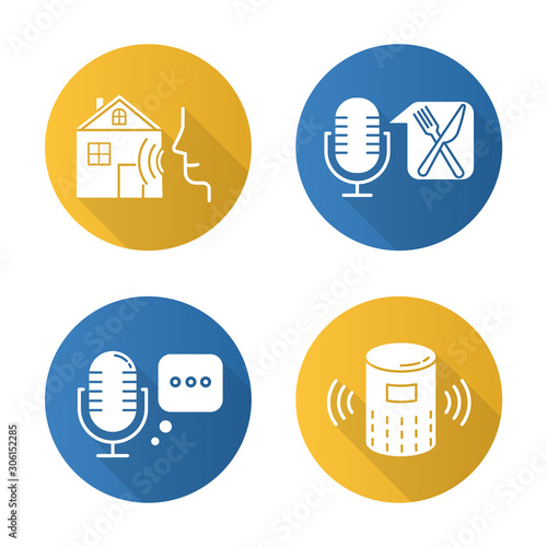 Remote control system flat design long shadow glyph icons set. Virtual assistance tools idea. Speech recognition equipment. Smart home technology, food order. Vector silhouette illustration
