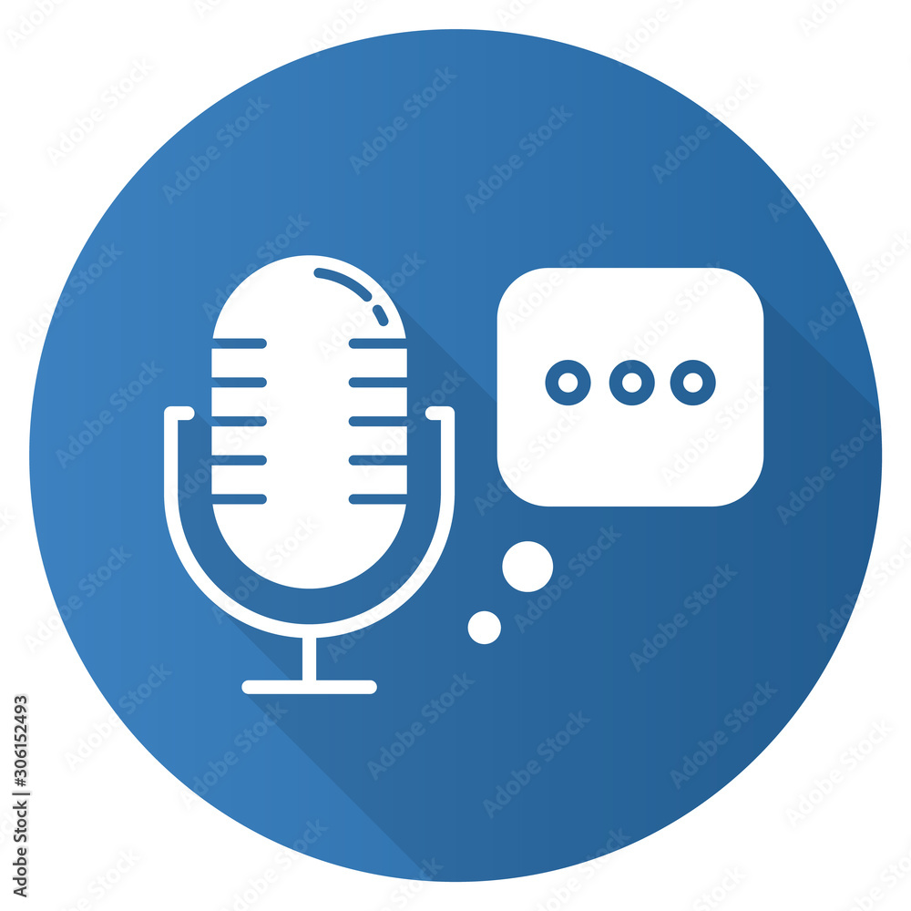 Blue voice recorder flat design long shadow glyph icon. Speech recognition idea. Modern microphone. Voice command, interactive technology. Sound reproduction. Vector silhouette illustration Blue voice recorder flat design long shadow glyph icon. Speech recognition idea. Modern microphone. Voice command, interactive technology. Sound reproduction. Vector silhouette illustration