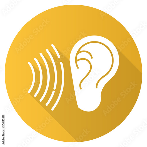 Yellow sound signal flat design long shadow glyph icon. Audible soundwave idea. Listening ear. Loud noise perception. Voice call, sound susceptibility. Hearing ability. Vector silhouette illustration