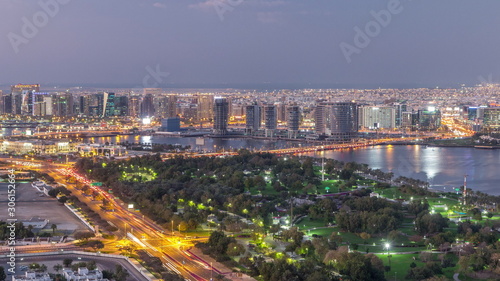 View of lights from illuminated roads and windows in luxury Dubai city, United Arab Emirates Timelapse Aerial