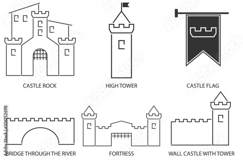 Fortress, medieval castles labels. Medieval castle and knight fortress. Castle isolated on white background. Vector